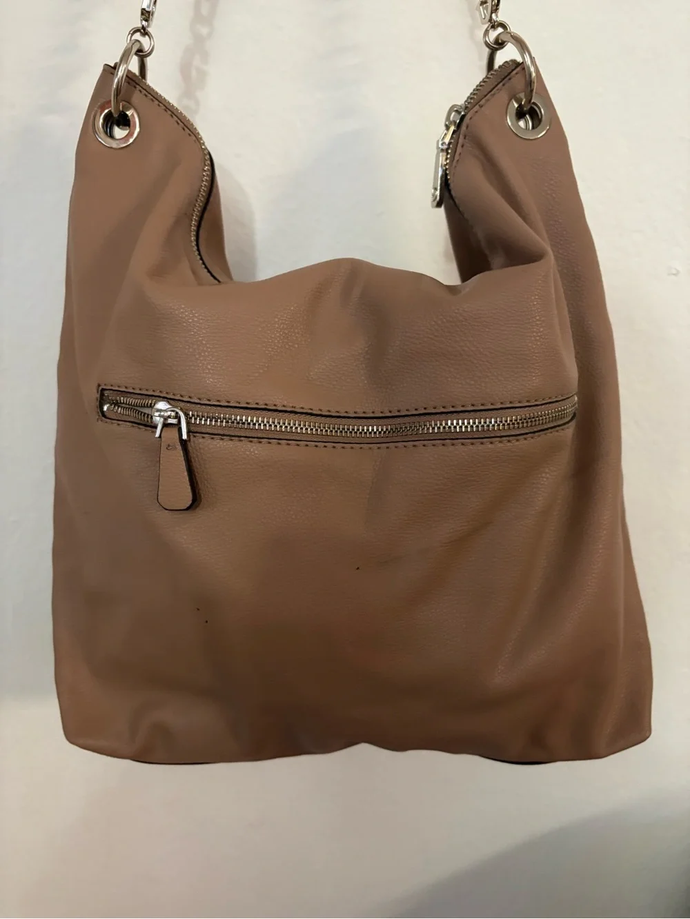 Guess Tan Pebbled Shoulder Hobo Bag with Silver Hardware